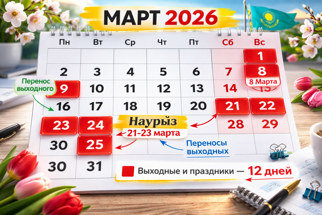 Сколько дней отдохнут казахстанцы в марте 2026 года