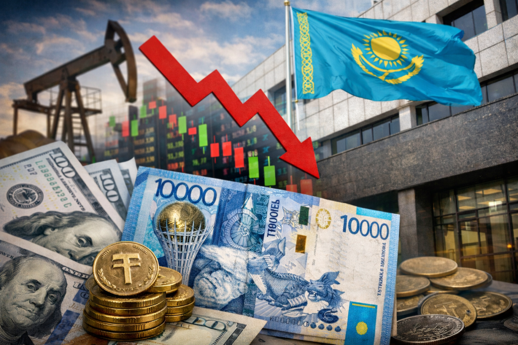 Коллаж: доллар США, тенге и график инфляции на фоне экономики Казахстана