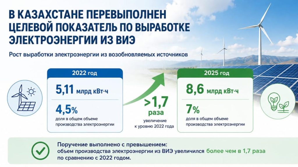 Казахстан перевыполнил план по развитию «зеленой» энергетики: доля ВИЭ достигла 7%